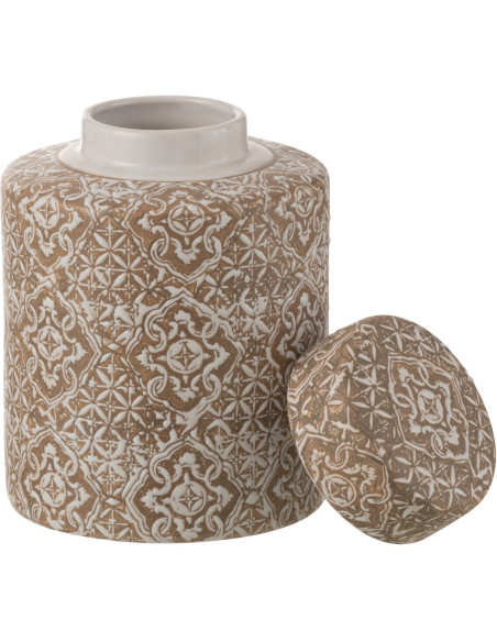 Boîte décorative ronde orientale Hauteur 19 cm en Porcelaine Beige Blanc Wabi - 3