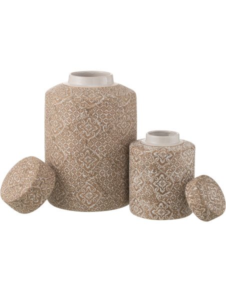 Boîte décorative XL ronde orientale Hauteur 30 cm en Porcelaine Beige Blanc Wabi - 4