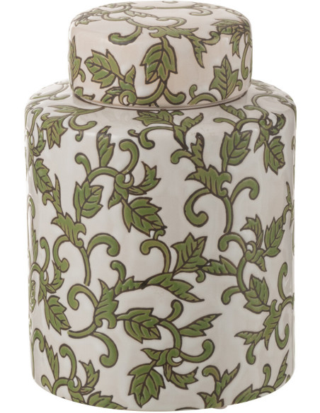 Boîte décorative ronde moderne Hauteur 19 cm en Porcelaine Blanc Vert Motif feuillage Yezi - 1