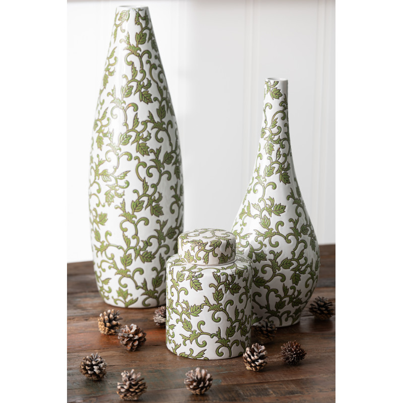 Boîte décorative ronde moderne Hauteur 19 cm en Porcelaine Blanc Vert Motif feuillage Yezi - 2
