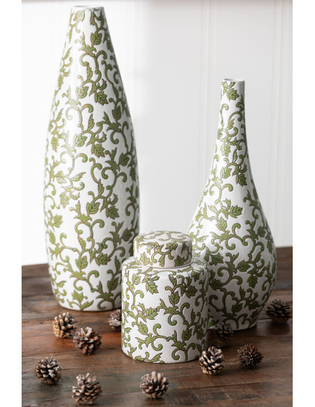 Boîte décorative ronde moderne Hauteur 19 cm en Porcelaine Blanc Vert Motif feuillage Yezi - 2