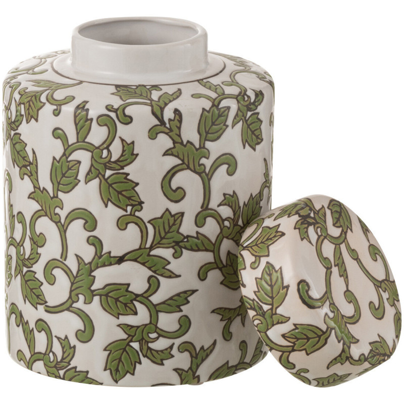 Boîte décorative ronde moderne Hauteur 19 cm en Porcelaine Blanc Vert Motif feuillage Yezi - 3