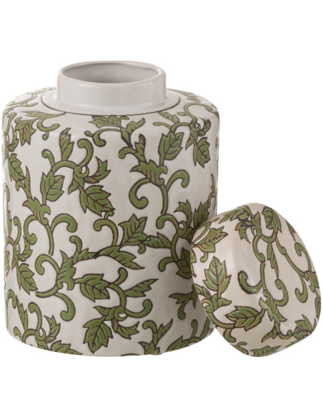 Boîte décorative ronde moderne Hauteur 19 cm en Porcelaine Blanc Vert Motif feuillage Yezi - 3