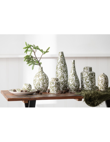 Boîte décorative ronde moderne Hauteur 19 cm en Porcelaine Blanc Vert Motif feuillage Yezi - 4