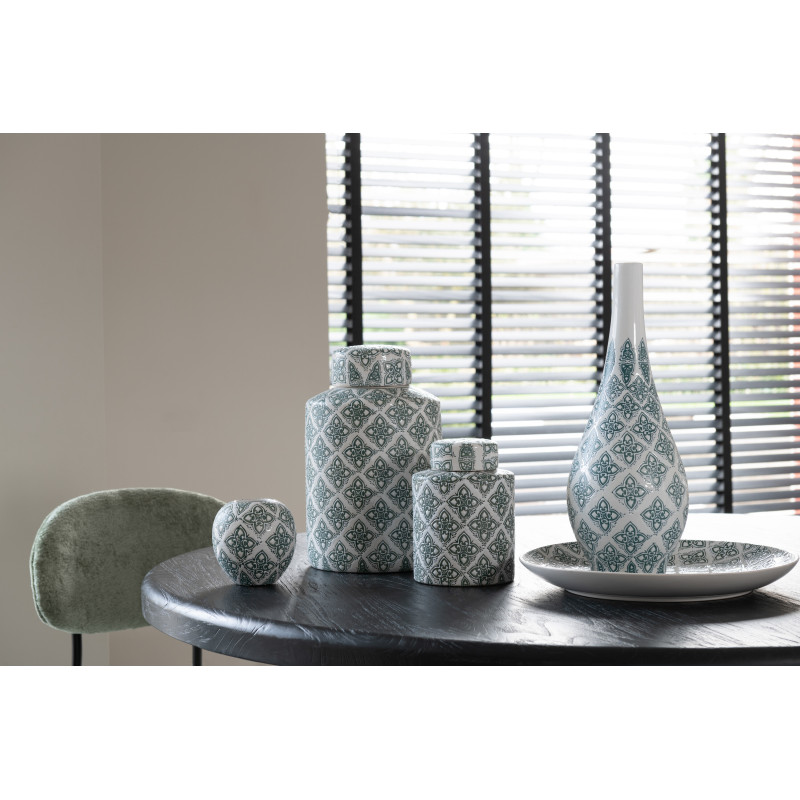 Boîte décorative ronde géométrique Hauteur 19 cm en Porcelaine Blanc Bleu Kousa - 2