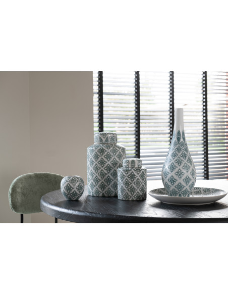 Boîte décorative ronde géométrique Hauteur 19 cm en Porcelaine Blanc Bleu Kousa - 2