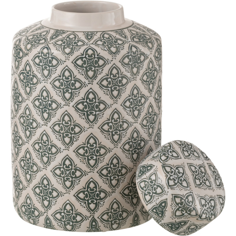 Boîte décorative XL ronde géométrique Hauteur 30 cm en Porcelaine Blanc Bleu Kousa - 3