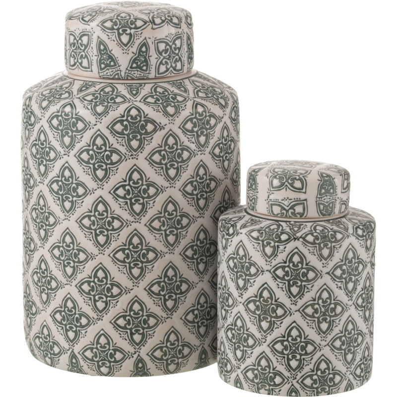 Boîte décorative XL ronde géométrique Hauteur 30 cm en Porcelaine Blanc Bleu Kousa - 4