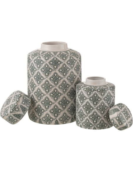 Boîte décorative XL ronde géométrique Hauteur 30 cm en Porcelaine Blanc Bleu Kousa - 5