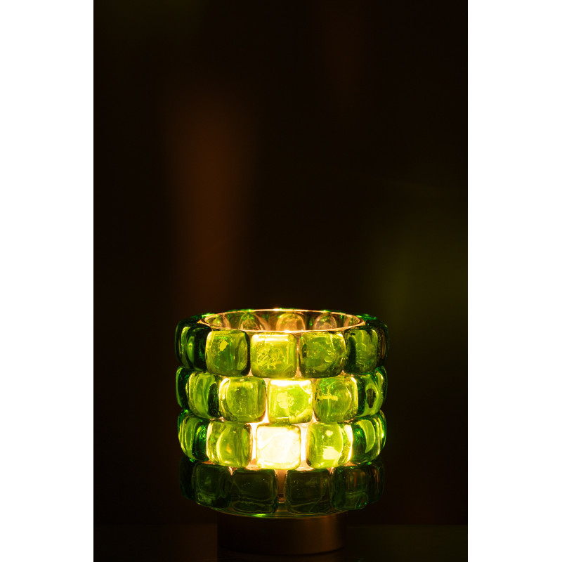 Photophore original rond Diamètre 12 cm en Verre Vert Doré Motif carrés Kylara - 3