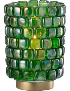 Photophore original rond XL Diamètre 15 cm en Verre Vert Doré Motif carrés Kylara - 1