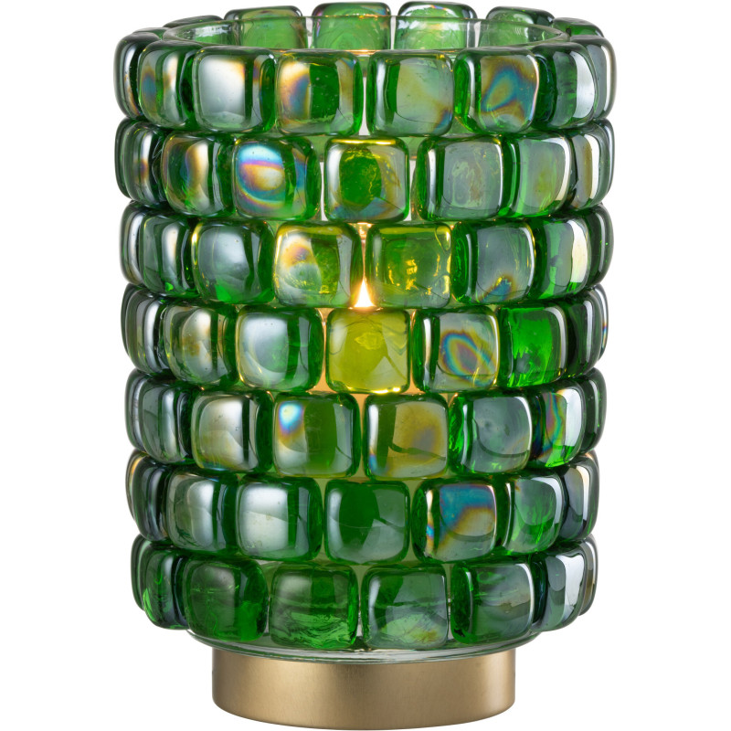 Photophore original rond XL Diamètre 15 cm en Verre Vert Doré Motif carrés Kylara - 1