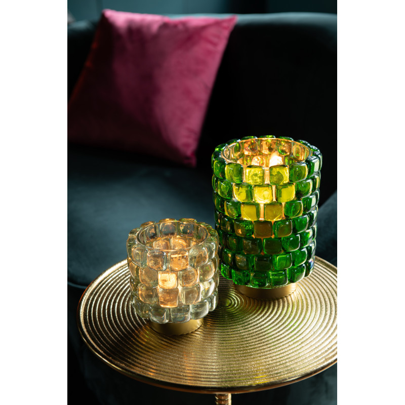 Photophore original rond XL Diamètre 15 cm en Verre Vert Doré Motif carrés Kylara - 2