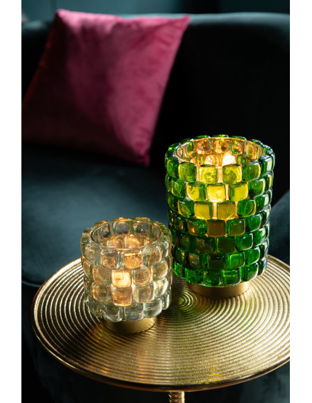 Photophore original rond XL Diamètre 15 cm en Verre Vert Doré Motif carrés Kylara - 2