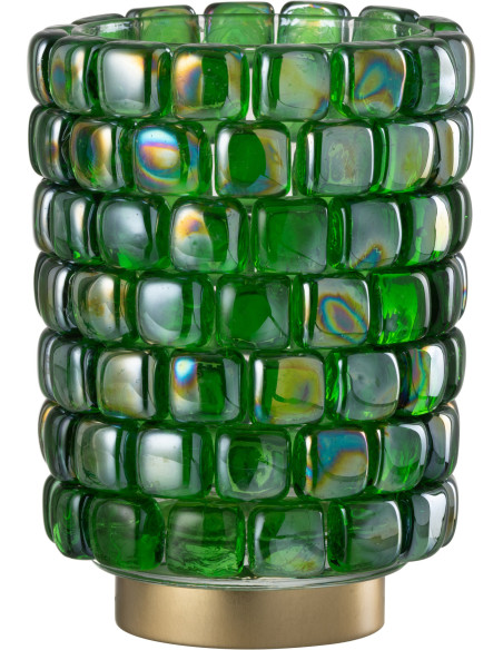 Photophore original rond XL Diamètre 15 cm en Verre Vert Doré Motif carrés Kylara - 3