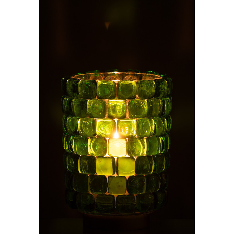 Photophore original rond XL Diamètre 15 cm en Verre Vert Doré Motif carrés Kylara - 4