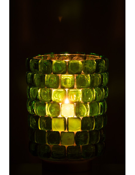 Photophore original rond XL Diamètre 15 cm en Verre Vert Doré Motif carrés Kylara - 4