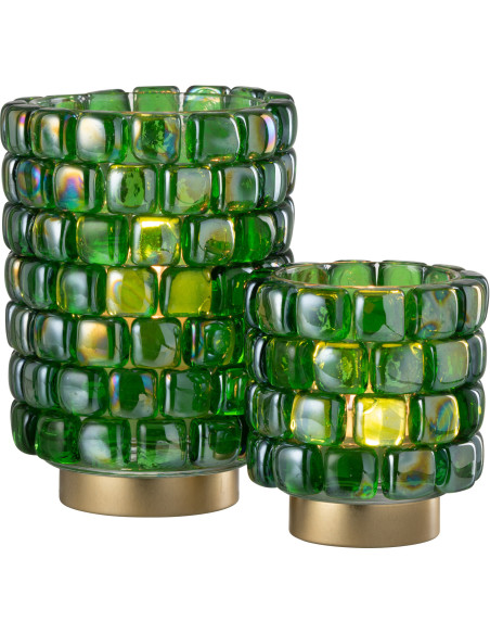 Photophore original rond XL Diamètre 15 cm en Verre Vert Doré Motif carrés Kylara - 5