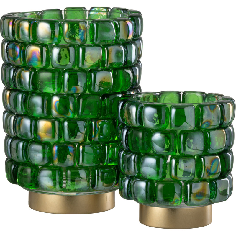 Photophore original rond XL Diamètre 15 cm en Verre Vert Doré Motif carrés Kylara - 6