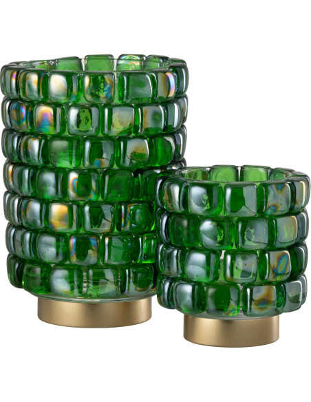 Photophore original rond XL Diamètre 15 cm en Verre Vert Doré Motif carrés Kylara - 6