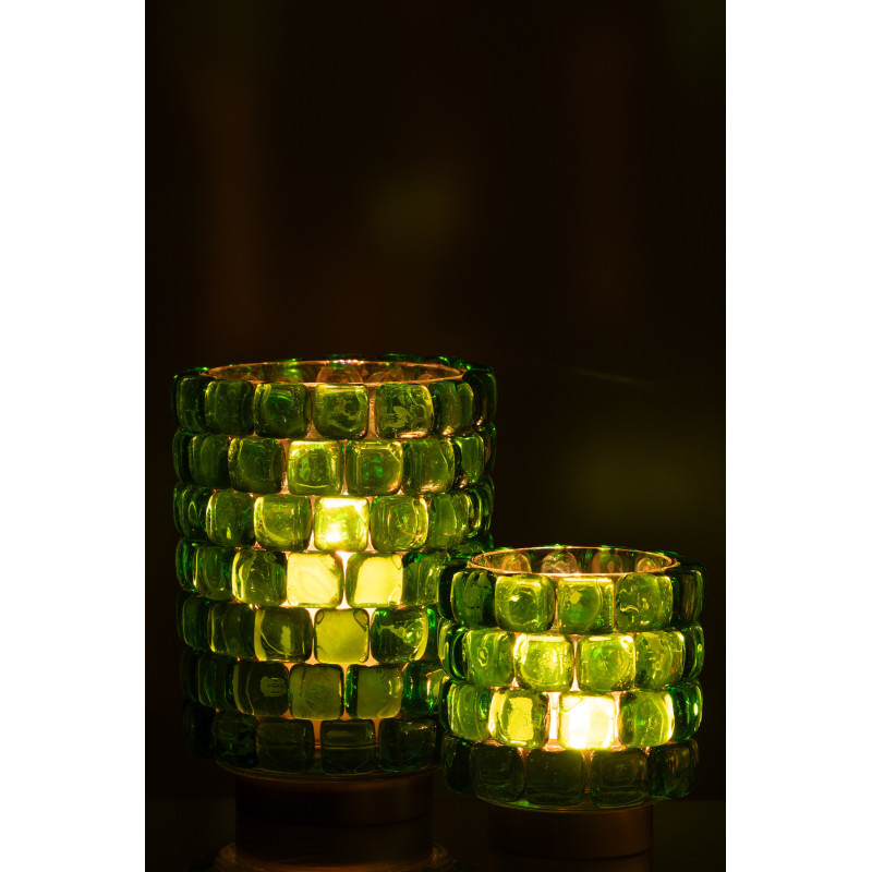 Photophore original rond XL Diamètre 15 cm en Verre Vert Doré Motif carrés Kylara - 7