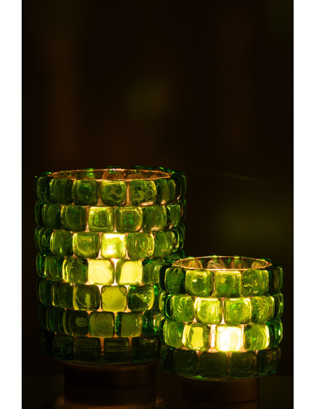 Photophore original rond XL Diamètre 15 cm en Verre Vert Doré Motif carrés Kylara - 7