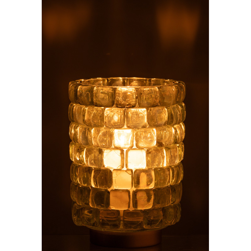 Photophore original rond XL Diamètre 15 cm en Verre Transparent Doré Motif carrés Kylara - 3