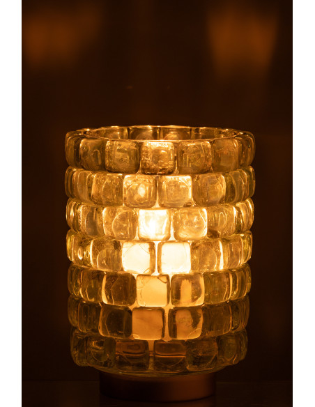 Photophore original rond XL Diamètre 15 cm en Verre Transparent Doré Motif carrés Kylara - 3