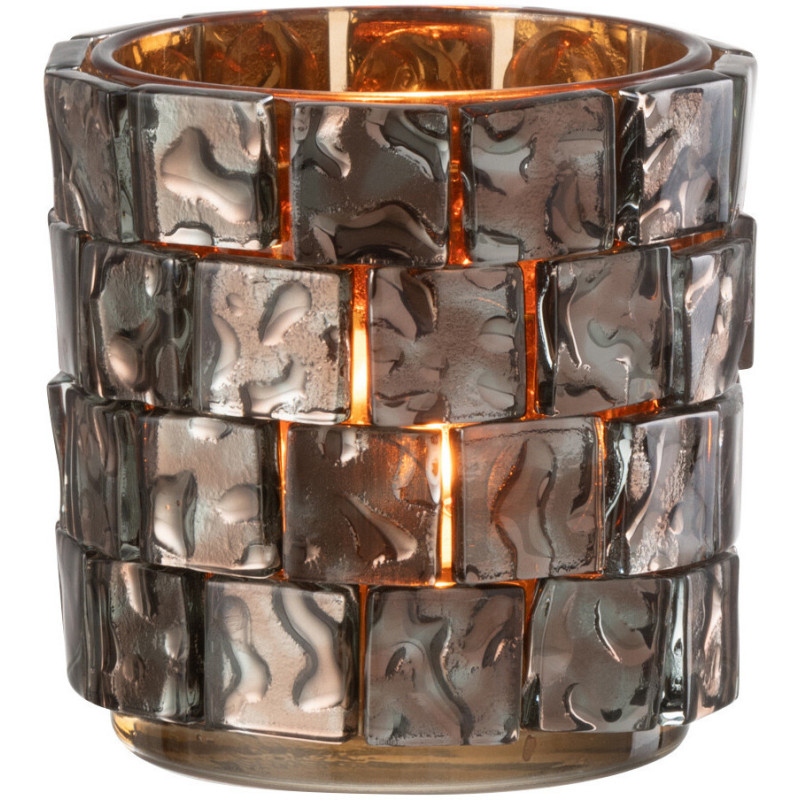 Photophore original cylindre Diamètre 10 cm en Verre Ambré Motif carrés Wynell - 1