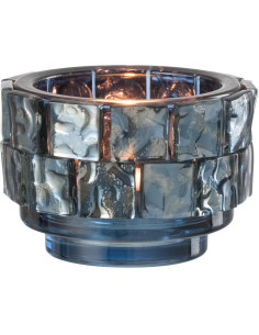 Photophore original rond Diamètre 10 cm en Verre Bleu foncé Motif carrés Wynell - 1