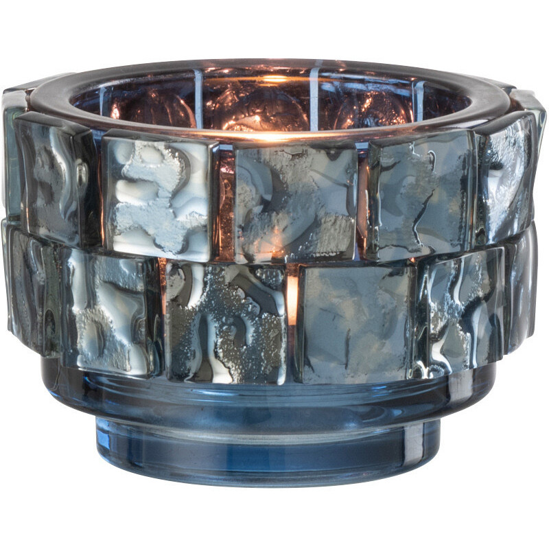 Photophore original rond Diamètre 10 cm en Verre Bleu foncé Motif carrés Wynell - 1