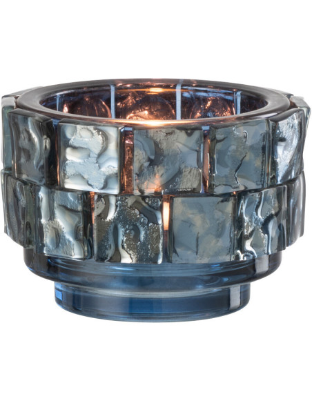 Photophore original rond Diamètre 10 cm en Verre Bleu foncé Motif carrés Wynell - 1