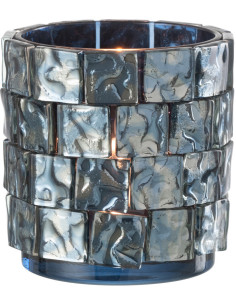 Photophore original cylindre Diamètre 10 cm en Verre Bleu foncé Motif carrés Wynell - 1