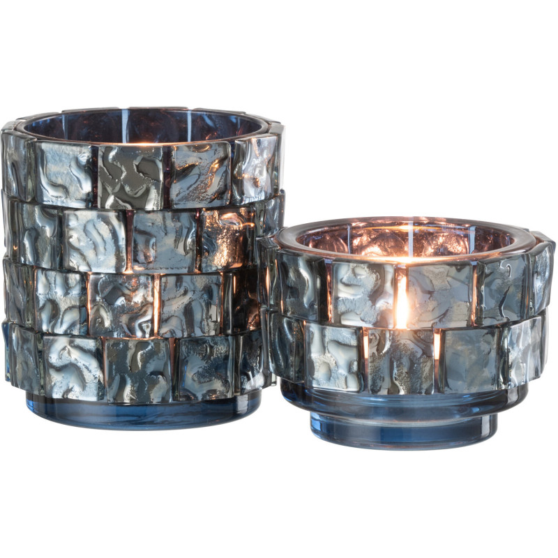 Photophore original cylindre Diamètre 10 cm en Verre Bleu foncé Motif carrés Wynell - 4