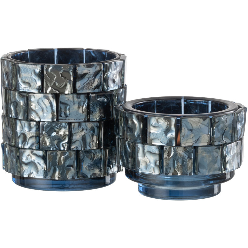 Photophore original cylindre Diamètre 10 cm en Verre Bleu foncé Motif carrés Wynell - 5