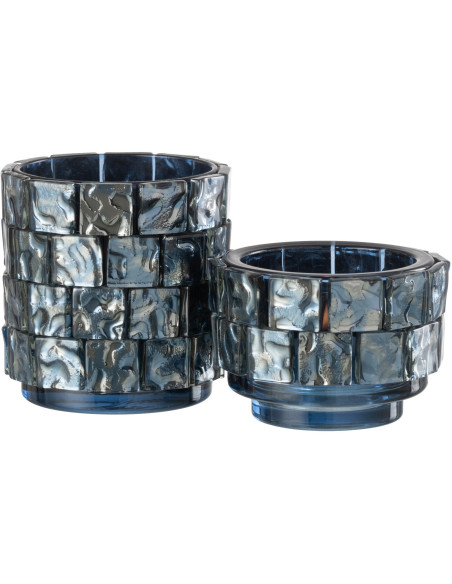 Photophore original cylindre Diamètre 10 cm en Verre Bleu foncé Motif carrés Wynell - 5