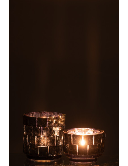 Photophore original cylindre Diamètre 10 cm en Verre Bleu foncé Motif carrés Wynell - 6