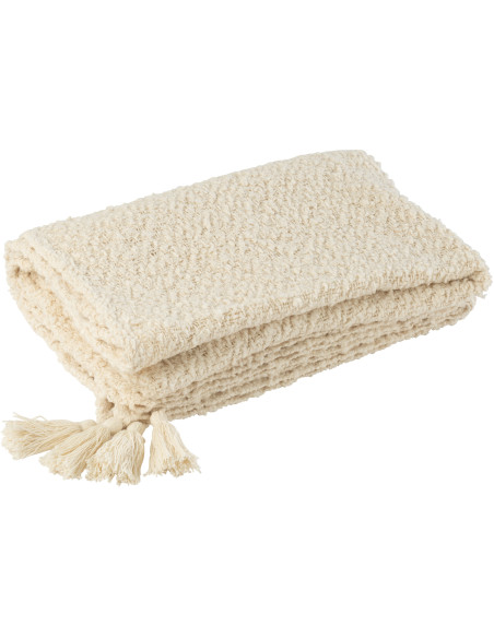 Plaid doux chaud pompons 130x180 en Coton Blanc crème Bouclette Lovey - 1