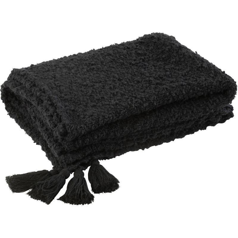 Plaid doux chaud pompons 130x180 en Coton Noir Bouclette Lovey - 1
