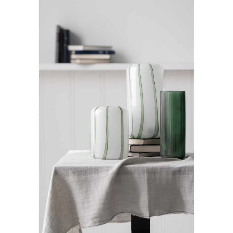 Vase moderne Cylindrique Hauteur 22 cm en Verre Blanc Vert Motif lignes Mimi - 2