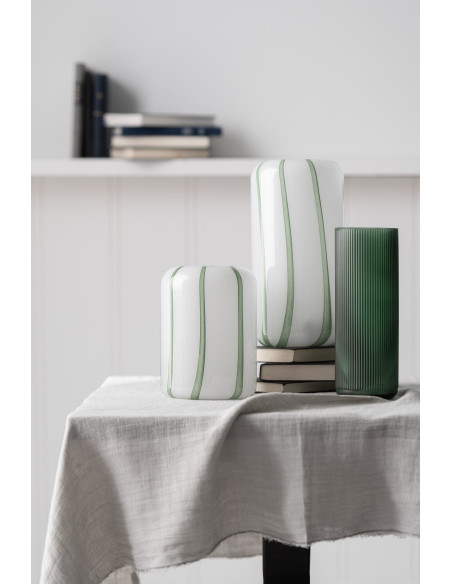 Vase moderne Cylindrique Hauteur 22 cm en Verre Blanc Vert Motif lignes Mimi - 2