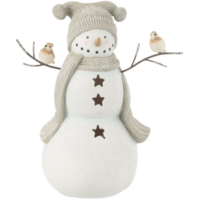 Statuette déco Bonhomme de neige Oiseaux Hauteur 27 cm en Résine Blanc Gris Kryden - 1