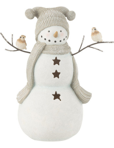 Statuette déco Bonhomme de neige Oiseaux Hauteur 27 cm en Résine Blanc Gris Kryden J-Line - 1
