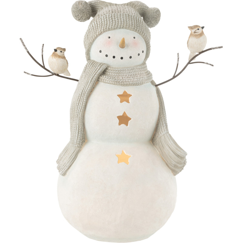 Statuette déco Bonhomme de neige Oiseaux XL Hauteur 50 cm en Résine Blanc Gris Kryden - 1