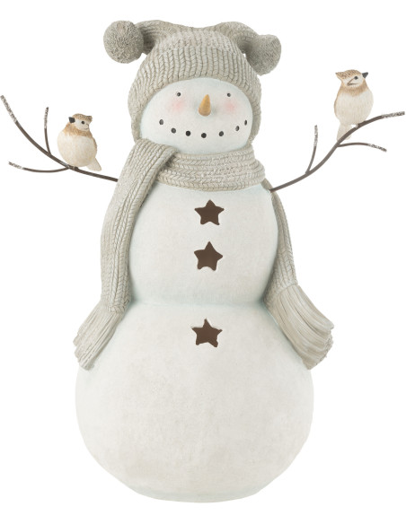 Statuette déco Bonhomme de neige Oiseaux XL Hauteur 50 cm en Résine Blanc Gris Kryden - 2
