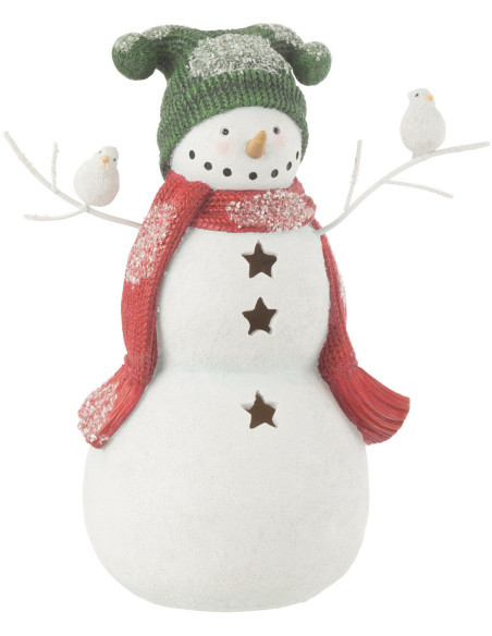Statuette déco Bonhomme de neige Oiseaux Hauteur 27 cm en Résine Blanc Rouge Vert Kryden J-Line - 1