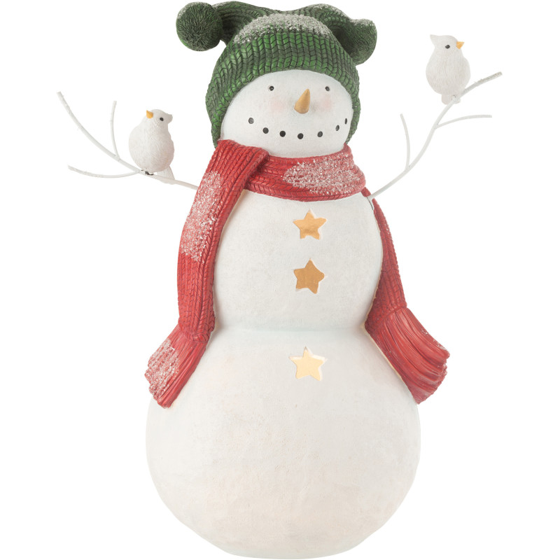 Statuette déco Bonhomme de neige Oiseaux XL Hauteur 50 cm en Résine Blanc Rouge Vert Kryden - 1