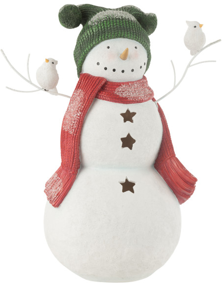 Statuette déco Bonhomme de neige Oiseaux XL Hauteur 50 cm en Résine Blanc Rouge Vert Kryden - 2