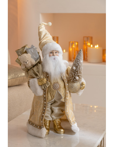 Père Noël déco XL Hauteur 50 cm en Résine Doré Tissu Blanc Rivana - 2
