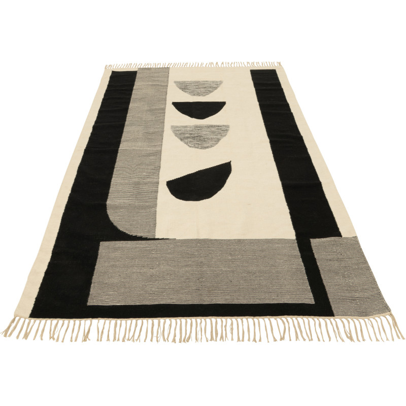 Tapis Rectangulaire XL Tokyo 300x200 en Polyester Noir Blanc Motif géométrique Avec franges - 1